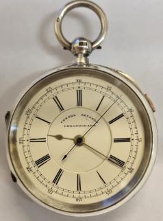English silver cased 3/4 plate fusee open face chronograph pocket watch by Y.Bernstein & Son, Manchester. Key wind and time change with stop seconds slide control, white enamel dial with black Roman hours and white metal hands with blued steel centre seconds, the silver case hallmarked for Chester c1899 and by JH (John Hawley & Son). Signed 3/4 plate fusee movement with split bi-metallic balance and numbered 87759.